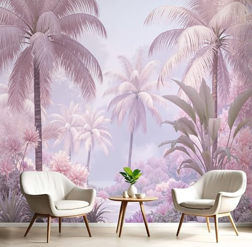 Fotomurale 3D Carta Da Parati Rosa Verde Foglie Di Banano Marrone-Verde 150X105Cm Murales Panoramica 3D,Carta Da Parati Fotomurale Arte Foresta Pluviale Tropicale Per Soggiorno,Camera Letto Stanza