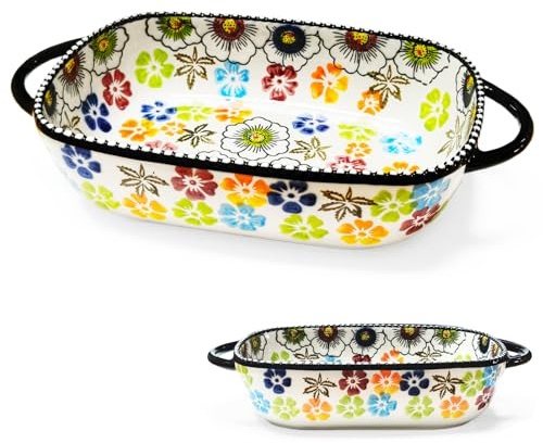 BOYIFEIJIE Casserole Dish Rectangular Ceramic - Ovenproof Lasagna Mould with 2 Handles & Vintage Flower Design - Baking Mould for Oven, Microwave & Dishwasher - Ideal for Lasagne, Casserole & Tiramisu