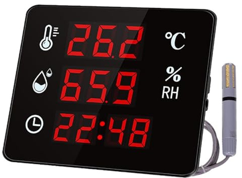 Termómetro higrómetro industrial, termómetro higrómetro con fecha y hora, sensor digital LED de temperatura/humedad, con sonda externa, pantalla de hora, for fábricas y almacenes.