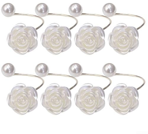 Serviettenringe aus Metall mit Perlen und weißen Rosen, für den Esstisch, einschließlich Hochzeiten und formelle Veranstaltungen, 8 Stück