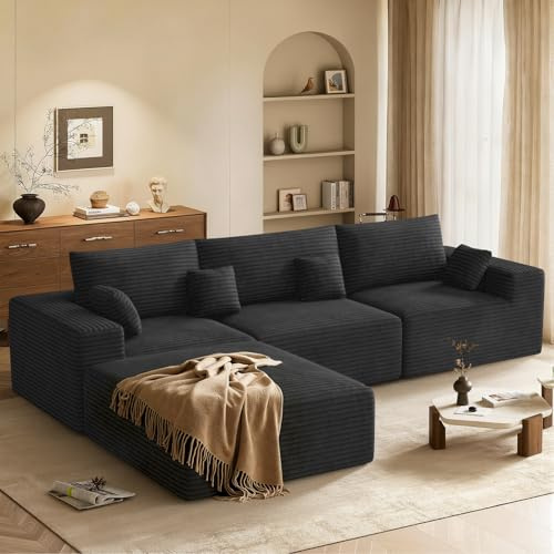 Aivermeil L Shaped Modular Sofa 287cm Boneless Couch Black | Sectional Corner Sofa,3-4 Seater,Memory Foam,Ottoman,No Assembly,Living Room