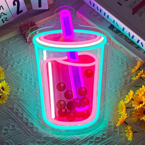 Letrero de neón de té de burbujas, alimentado por USB y regulable, luz LED de neón para decoración de pared, lámpara de postre para dormitorio, heladería, restaurante, oficina, regalo para niños, 34 x