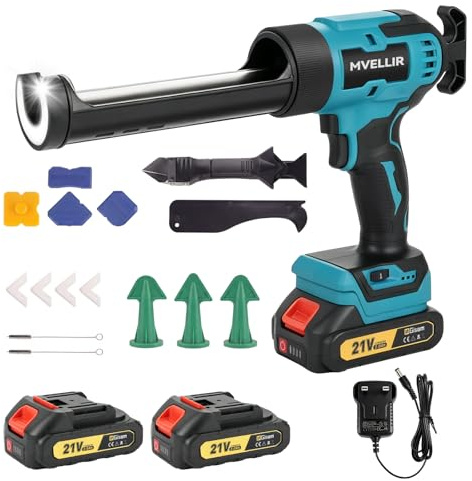 Silicone Sealant Gun with 2x2000mAh-Batteries, 21V Electric Caulking Gun Cordless with LED Light, 6 Adjustable Speeds, Caulk Remover Tool, Auto Retract for Filling and Sealing