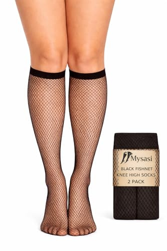 MYSASI Womens 2 Pairs Black Fishnet Knee High Socks – Sheer Mesh Style, Comfortable Fit, UK Size 4-7 - Perfect Summer wear