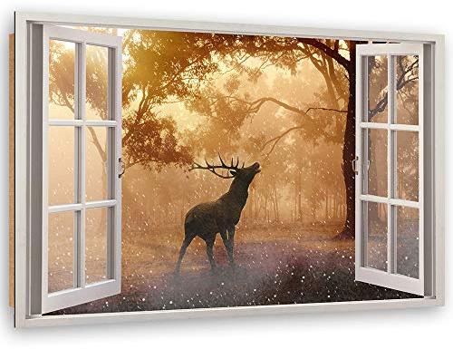 Feeby - Wandbilder Wohnzimmer 120x80 cm, Deko Paneel Bilder, Bilder für Schlafzimmer, Echter Gemalter Effekt, Moderne Wanddeko, Gemälde - Fensterblick, Hirsch im Wald - Orange
