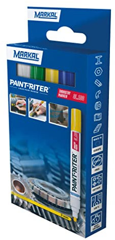 MARKAL 22231 SL.100 Retail Pack Marqueur à peinture permanent pour tout type de surfaces, Blanc-Jaune-Bleu-Vert, pointe de 2-4mm