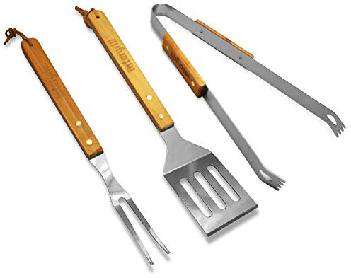 intergrill Grillwerkzeug Set 3-teilig | Edelstahl BBQ Tool Set | Eichenholz-Griffe | Grillzange Wender Grillgabel | Kohlegrill Gasgrill Elektrogrill