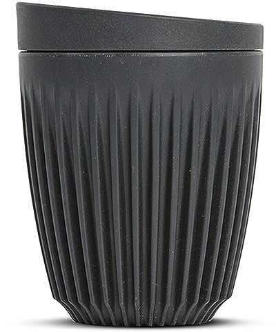 HUSKEE Coffee Cups with Lids - Reusable Coffee Cup with Unique Fins for Espresso, Cappuccino, Americano, Mocha - Insulated & Portable Latte Cups Made with Repurposed Coffee Husks (Charcoal, 8oz)