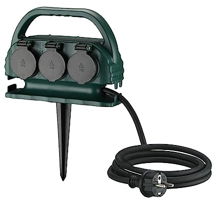 XUANSHI 6-Fach Garten-Steckdose IP44 mit Tragegriff und Erdspieß, wasserfeste Außensteckdose mit H07RN-F Gummi Kabel (5m, grün)