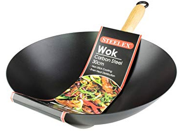 Non Stick Carbon Steel Wok 30cm With Wooden Handle Flat Base Chinese Style Cooking Deep Stir Fry Frying Pan