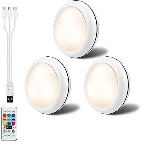 LEDGLE Puck Lights Kabellose Unterschrankleuchten mit USB wiederaufladbar, 16 Farben, RGB dimmbar, Treppenlicht, Puck-Beleuchtung, zum Aufkleben auf Kleiderschrank, Schrank, Küche, 3 Stück