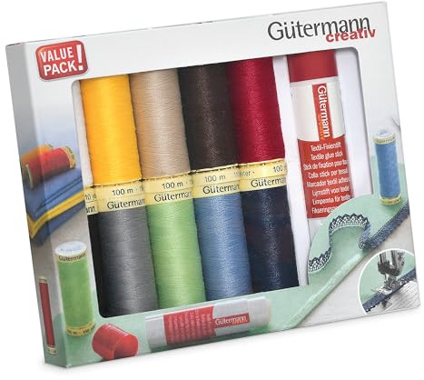 Gütermann creativ Set hilo de coser con 10 bobinas de Coselotodo de 100 m en colores diferentes + un Marcador textil adhesivo