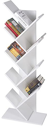 ML-Design Bücherregal mit 9 Ebenen in Baumform, 50x25x140 cm, Weiß, Holz, Standregal für CD/DVD, Bodenstehendes Regal für Wohnzimmer, Büro, Aktenregal Raumteiler Aufbewahrungregal Organizer für Bücher
