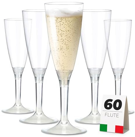 TUNDRA - Set 60 FLUTE PLASTICA da Champagne 100 ml. USA & RI-USA BPA-Free - Calici Plastica Riutilizzabili, Resistenti, Trasparenti, Riciclabili - Flute Plastica per Feste, Matrimoni