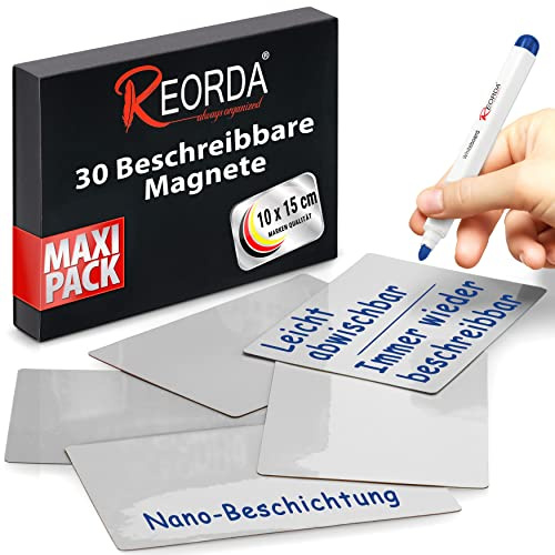 Reorda® Magnetstreifen beschreibbar - 30 Stück wiederbeschreibbar - 10 x 15cm (Grau) - Beschreibbare Magnete für Whiteboard, Kanban, Magnettafel oder als beschriftbare Magnete für den Kühlschrank