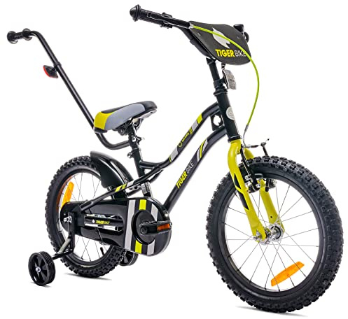 Tiger Bike Barncykel för pojkar 16 tum pojkar cykel träningshjul med tryckstång från 2-6 år (Svart-Gul, 16 tum)