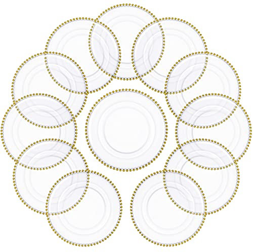 Potchen 12 Pcs 13'' Gold Clear Plastic Charger Plates with Bead Rim Round Clear Beaded Charger Plate Decorative Dinner Tableware Wedding Birthday Xmas Thanksgiving Halloween Party Table Dinner Decor