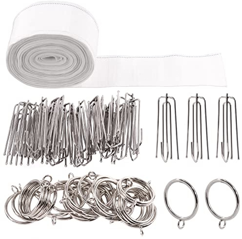 Tanstic 61Pcs 10 Yard/9.2 Meters Pleat Tape for Curtain, Including White Curtain Heading Tape Curtain Pleat Tape, 30Pcs Stainless Steel 4 Prong Curtain Pleat Hook Clip with 30Pcs Curtain Rings