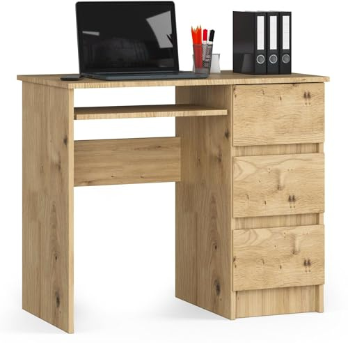 AKORD Schreibtisch A6 90 cm | 3 Schubladen Rechts | Schreibtisch | Bürotisch | Computertisch | Arbeitstisch | Laptoptisch | Bürmöbel | B90 x H77 x T50 cm | 29,95 kg | Artisan Eiche/Artisan Eiche