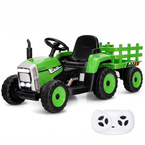 Ride on Tractor and Trailer, 12V Battery Powered Electric Kids Toy Car with LED Lights, USB & Bluetooth Music, Four Wheels Ride on Toys for Children Ages 3+(Green)