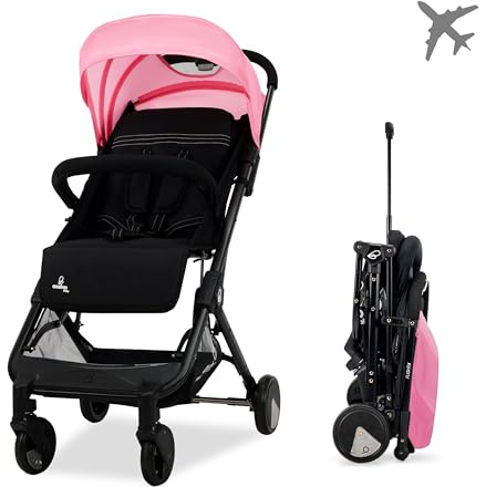 Asalvo FLIGHT Silla de paseo ligera, Carro Plegable Ultraligera y Compacta, Asa Trolley, Equipaje avión, Reclinable, Peso 6,6 kg, Barra seguridad, Arnés 5 puntos, Desde 0 meses (Negro - Rosa)