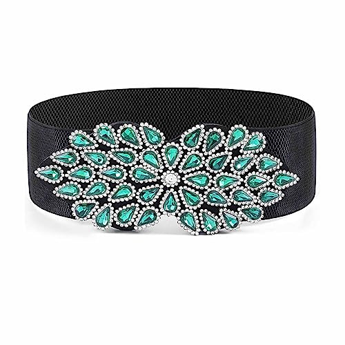 Bohend flor de cristal Cinturón elástico Ancho cinturón elástico Diamante de imitación Cinturones de cincha para vestido Antiguo Cinturón para mujeres y damas (M, C)