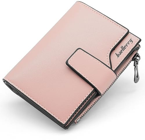 HNOOM Damen Geldbeutel PU Leder Portemonnaie Klein und im Kurzformat Geldbörse Viele Fächer Mini Portmonee Mit 15 Kartenfächer und Münzfach (Rosa-X)