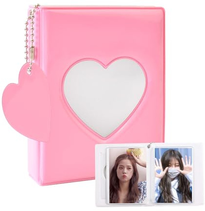 Jiayaus Mini Fotoalbum, Rosa Herz Kpop Photocard Binder | Fotoalbum Geeignet Kann 32 Blätter Speichern mit Herz Anhänger, Die Aufbewahrung von Idolen Karten Aufkleber