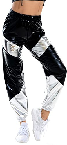 Pantaloni da donna metallizzati lucidi effetto bagnato, pantaloni cargo sportivi, ologramma, hip hop, leggings da jogging, pantaloni da danza, feste, discoteca, discoteca, clubwear, nero/argento, M