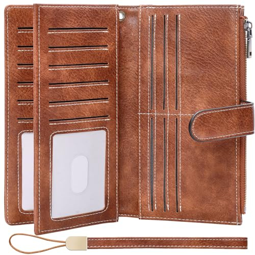 XINNSTAR Womens Wallet RFID Blocking Large Capacity Credit Card Holder Long Purses for Women with Wristlet Pocket ID Window