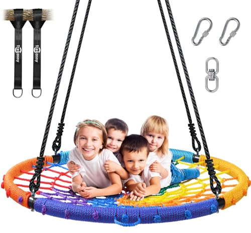 Trekassy 45 750lbs Spider Web Tree Swing for Kids & Adults, Outdoor Steel Frame Saucer Net Swing with Swivel, Adjustable Ropes + 2 Tree Hanging Straps - Rainbow (Patented)