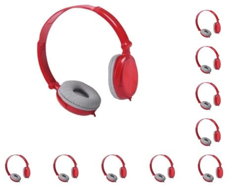 NeaxgeandX 10 set of Universal Laptop USB Wired Headphone Office Hotel Foldable Over Ear Headset Adjustable Earphone Desktop PC Accessory Red, with Mic