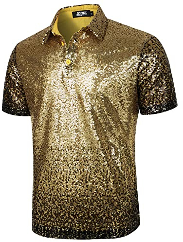JOGAL Herren 70er Pailletten Hemd Kurzarm Disco Party Oberteile Nightclub Glitzer Poloshirts Schwarz Gold Groß