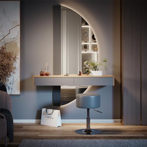 Vicco Tavolo da toilette Melisa, Grigio, 120 cm con illuminazione e sgabello, Altezza regolabile, perfetta per adattarsi alle esigenze individuali