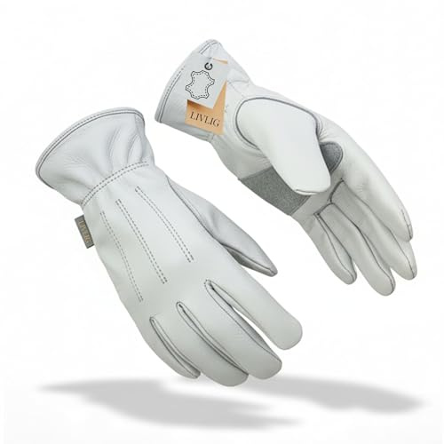 LIVLIG Gartenhandschuhe Leder, Arbeitshandschuhe Damen aus 100% Rindsleder, dornenfeste Handschuhe, atmungsaktiv & langlebig, Premium Rosenhandschuhe für Gartenarbeit, Größe M/L