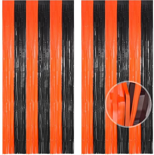 BRAVESHINE Black and Orange Party Decorations Photo Booth Props Party Backdrop - Tinsel Foil Curtain Streamers Backdrop Door Curtain for Birthday Basketball Kids Boys Birthday Halloween Decorations