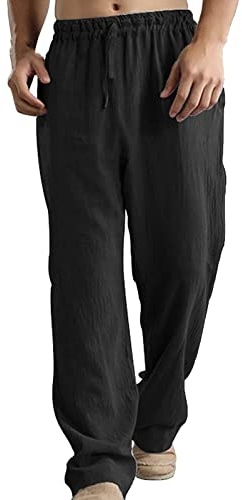 Leinenhosen Herren Freizeithose Lang Leichte Sommerhose Loose Fit Strandhose Casual Stretch Herrenhose Bequeme Jogginghose Sporthose Lässige Leinen Hosen mit Seitentaschen für Urlaub Strand Alltag