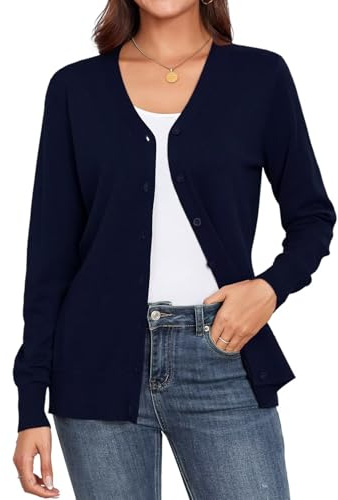 YGJIEGENG Strickjacke Damen Kurz Strick Cardigan Langarm V-Ausschnitt Strickpullover Elegant Casual Herbst Winter Strickmantel mit Knopf Dunkleblau L