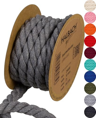 Halbach Seidenbänder Cordoncino di cotone riciclato, larghezza 10 mm/lunghezza 4 metri, filato di cotone sostenibile per macramè, corda naturale per fai da te, colore: grigio grafite