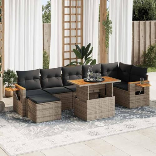 UJCHVHN Home Garden Gartensofa-Set mit Kissen, Polyrattan, Akazie, Grau, 8-teilig