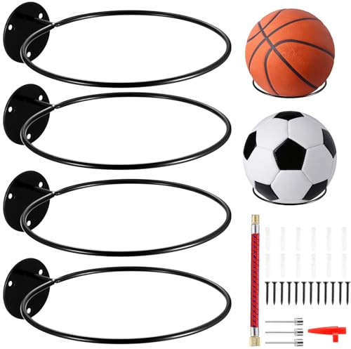 jiuxlaan Paquete de 4 Soportes de Pared de Fútbol de Metal, Estante de Pared Resistente con Recubrimiento en Polvo para Baloncesto, Voleibol y Rugby, Diámetro de 18,5 cm, Almacenamiento de Exhibición