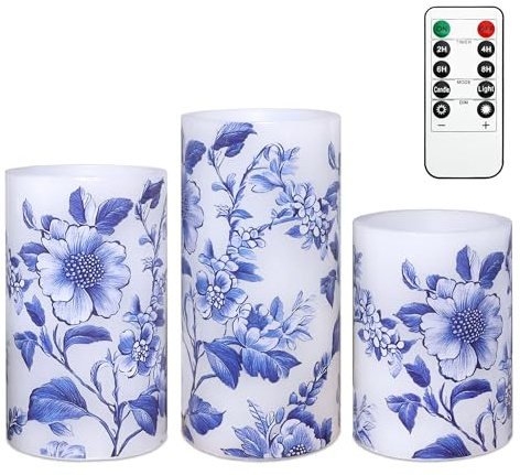 FLAVCHARM Flameless Candles Blue and White Porcelain Floral Chinoiserie Decor Battery Operated with Remote Real Wax Dripless Candle Vintage Decorative for Christmas Gift Wedding Home Party Decor