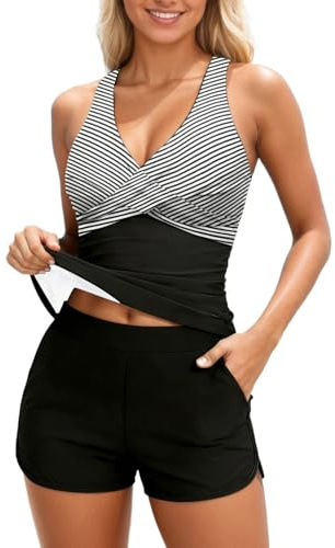 EQWIGKEIT badeoberteil Damen, Tankini Damen Bauchweg Push Up Bademode Drucken Zweiteiler Schwimmanzug Große Größen Oberteil Mit Badeshorts Hoher Taille Strandmode