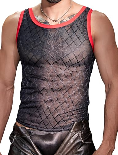 AIEOE Herren Netz Unterhemd Ärmellos Durchsichtiges Trägershirt Luftiges Tank Top Party Outfit Schwarz und Rot Einheitsgröße für Größe S-L