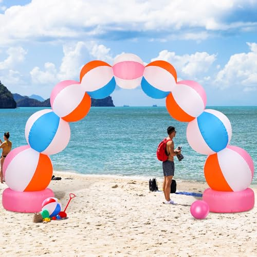 RattanView Inflatable Arch 8 ft Summer Beach Ball Party Arch Rainbow Beach Party Decoration Inflatable Pool Favors for Indoor Outdoor Lawn Yard Garden Decoration (Pink)