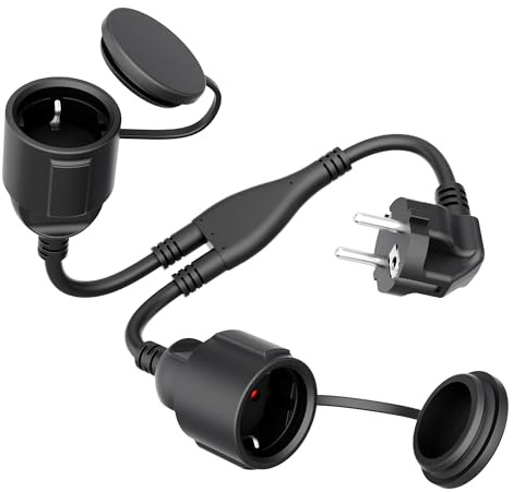 Verlängerungskabel 0,5m mit 2 Steckdosen IP44 – Wasserdicht, schwarz, kompaktes PVC-Kabel mit Doppelsteckdose und Schutzabdeckungen