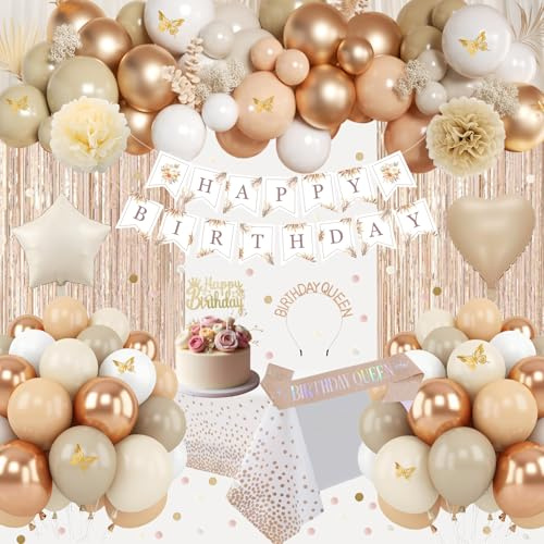 Beige and Brown Birthday Decorations, Champagne Gold Neutral Cream Sand White Balloons Set with Boho Happy Birthday Banner, Crown, Sash, Fringe Curtain, Tablecloth for Women Girls Party Supplies