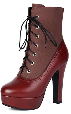 Botas De Vestir con Plataforma con Cordones para Mujer Tacón Grueso Botines Cerrada Punta Redonda Botas Cortas De Cuero PU,Rojo,39 EU