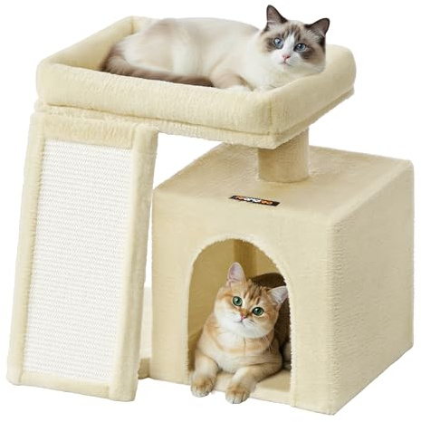 Feandrea Kratzbaum klein, mit Kratzsäulen, 2 große Plattformen, 48 cm hoch | Katzenbaum, Katzenkratzbaum, Rampe und Höhle, Sommersand, CLAWFY Kollektion PCT010LF01