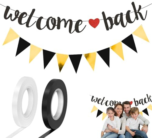 Glitzer Welcome Back Girlande mit Wimpel – Willkommen Zuhause Banner, Schwarz, Papier Deko für Zuhause, Party und Feiern, 3-teiliges Set mit Bändern, Ideal für Rückkehrfeiern und Familienfes